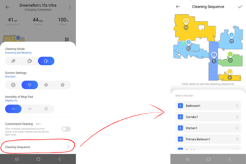 Последовательность уборки Dreame L10s Ultra задается в приложении Dreamehome App